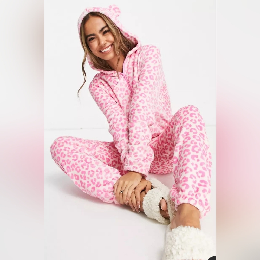 Loungeable all in one with ears in pink leopard nwt